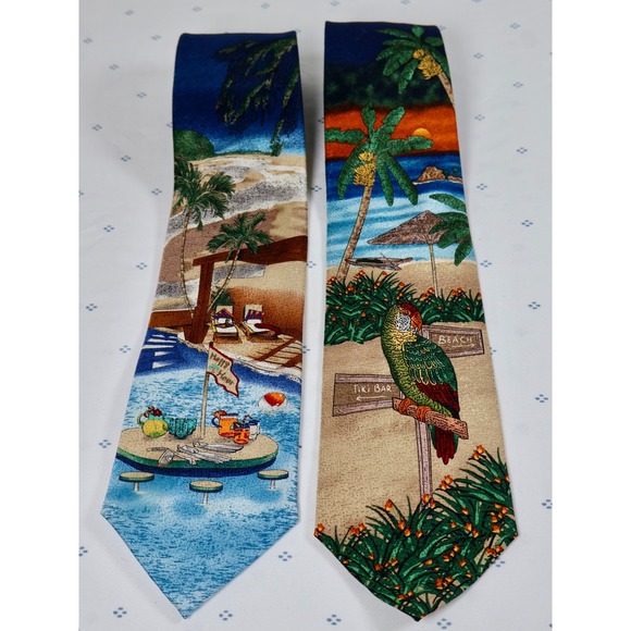 Tropical Isle Novelty Tie Beach Tiki Bar Parrot Happy Hour Fun 100% SILK x TWO‎ - Picture 1 of 5